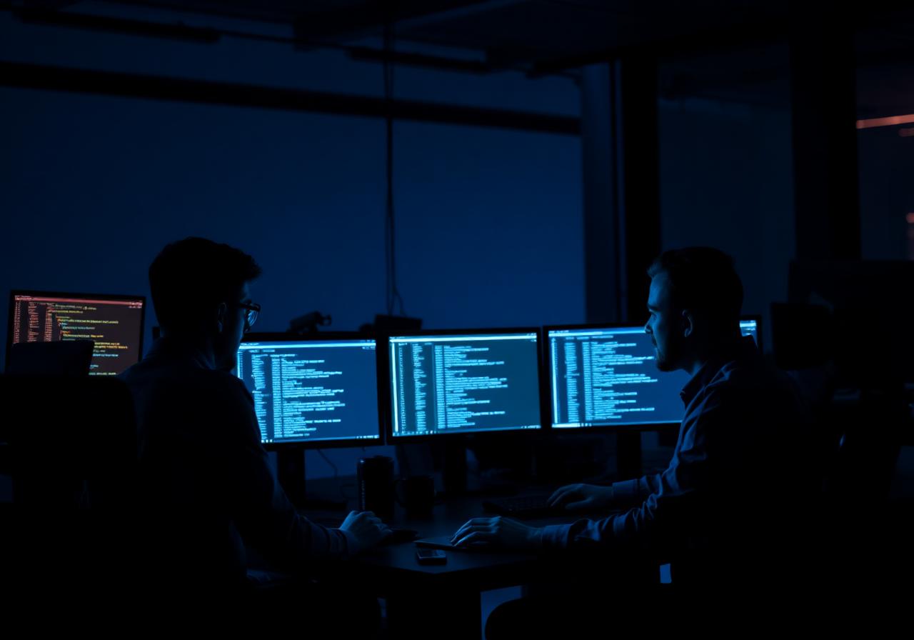 IT engineers collaborating in dark studio